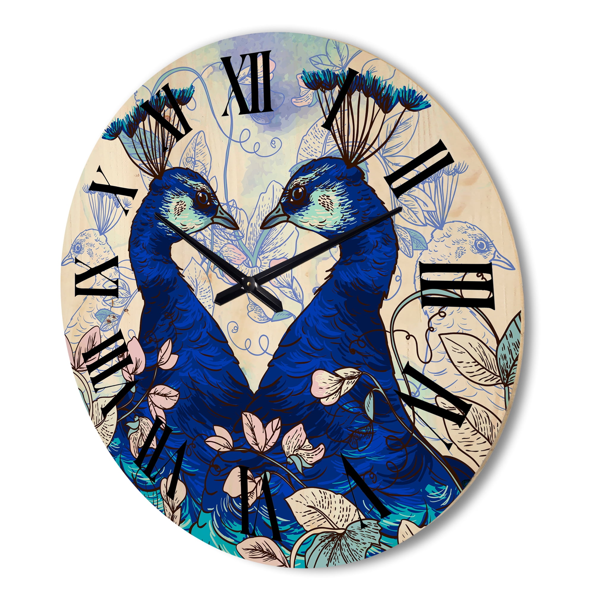 Designart 'Wildflowers With Two Blue Peacocks' Traditional Wood Wall Clock