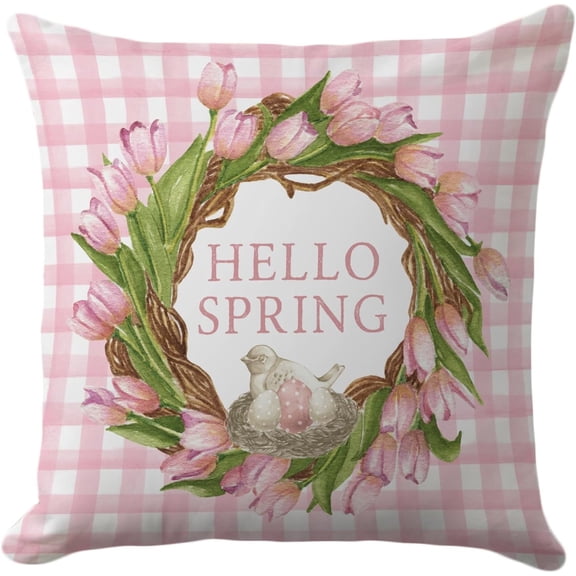 Hello Spring Pillow Cover 18 x 18 Inch - Pink Tulip Floral Wreath Design, Decorative Spring Season Cushion Case for Home Decor