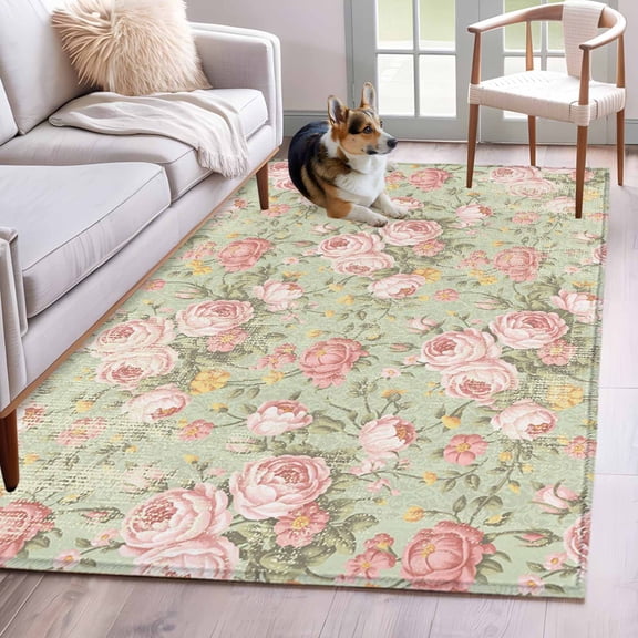 Area Rug 4'x6', Pink Flowers Non-slip Runner Rug Carpet for Bedside, Green Country Botanical Floral Leaves Washable Outdoor Indoor Area Rugs Mat for Entryway/Living Room/Bedroom/Kitchen/Office