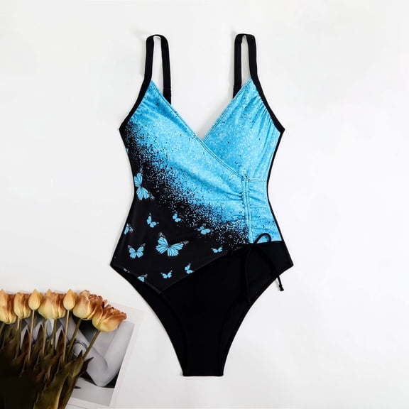 Xmyrz Womens One Piece Swimsuit Tummy Control Color Block Ruched Push Up High Waisted Bathing Suit V Neck Summer Beach Breathable Swimwear Sky Blue XXL