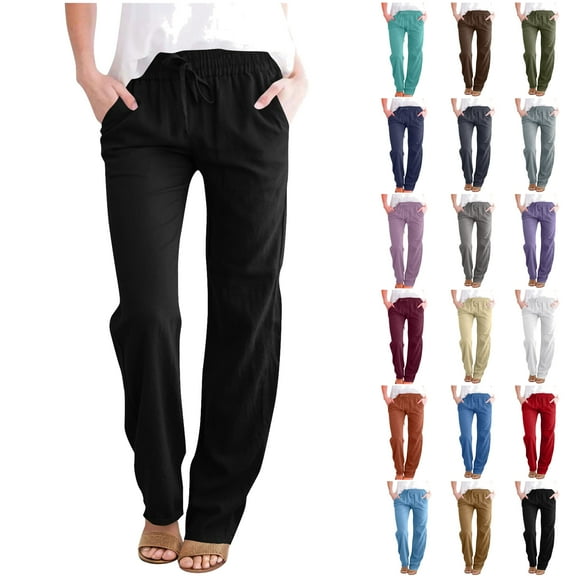 PBNBP Linen Pants for Women Summer Casual Lightweight Drawstring Pants Women Straight Leg Pants Yoga Pants with Pocket for Women