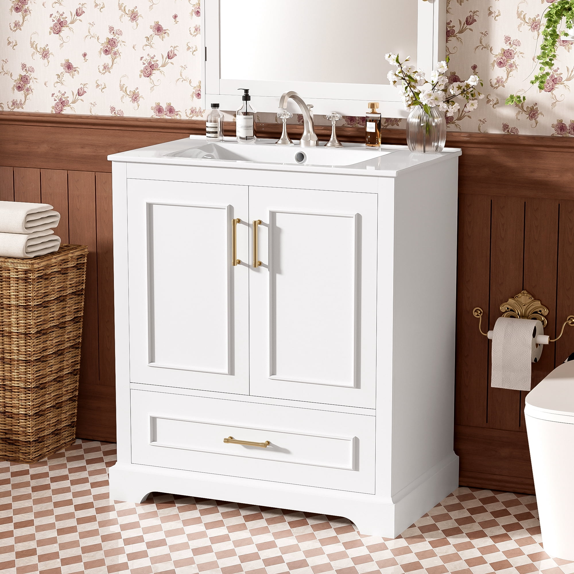 Euroco 30" Bathroom Vanity with Sink, MDF and Solid Wood Frame, 1 Divider Drawer and 2 Soft-close Doors (Double Shelf on Door), Freestanding Vanity