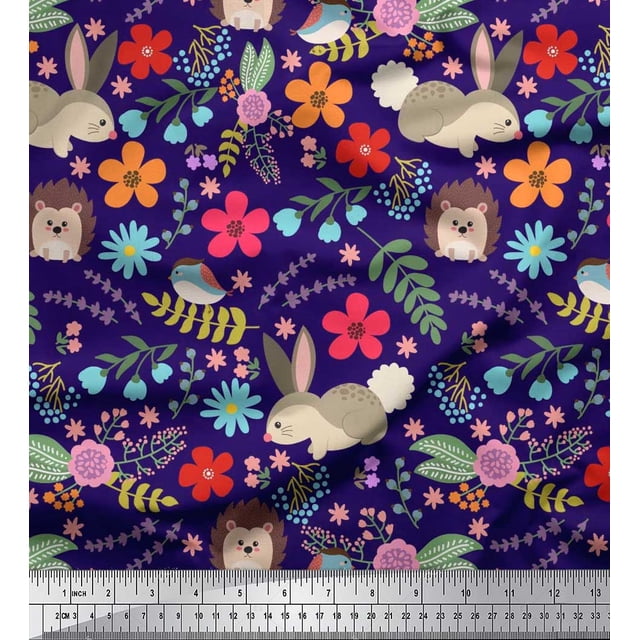 Soimoi Moss Georgette Fabric Floral,Rabbit & Porcupine Cartoon Print Fabric by Yard 42 Inch Wide