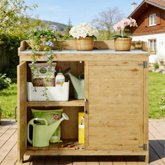 Lofka Outdoor Potting Bench with Storage Cabinet, Potting Table with Galvanized Tabletop & Removable Shelves, Fir Wood for Patio Yard Garden