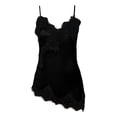 thumbnail image 4 of Women's Spaghetti Strap Satin Silk Camisole Trendy Deep V Neck Lace Tank Tops Summer Sleeveless Irregular Hem Cami Tshirts Z01_Black S, 4 of 5