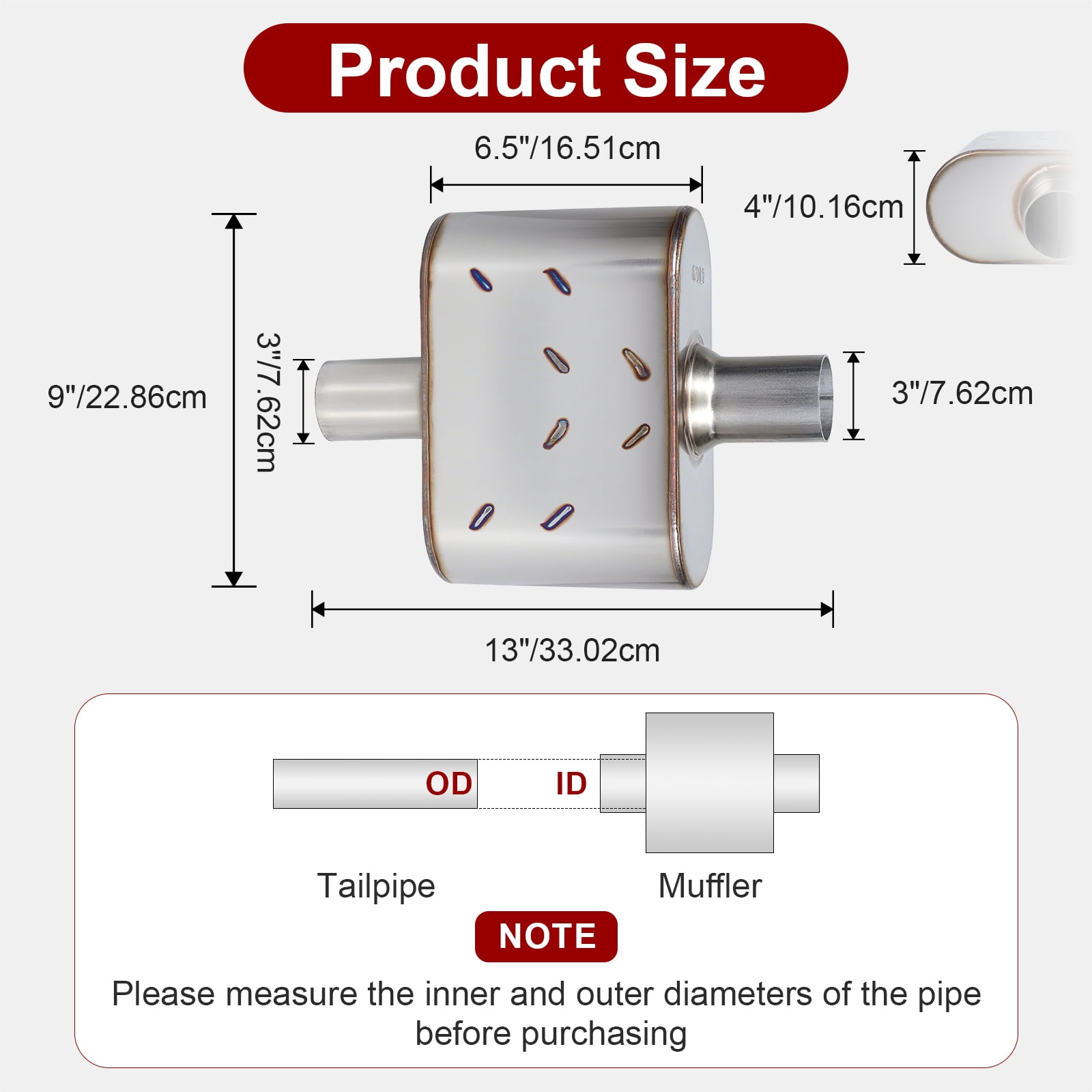 Universal Exhaust Muffler, Single Chamber Performance Muffler for Cars Trucks, Stainless Steel, 3" Inlet/Outlet, Overall Length 13"