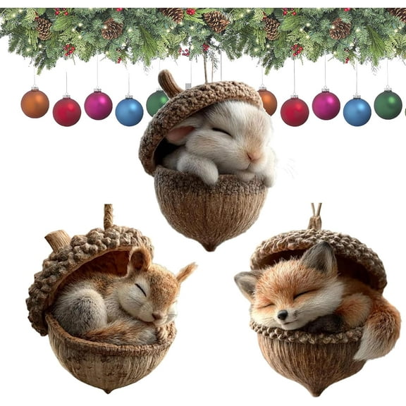 Acrylic Forest Animal Acorn Ornaments – Cozy Forest Christmas Ornaments, 2026 New Pine Cone Animal Decoration, Woodland Creature Figurine, Acrylic Hanging Ornament Home Party Décor (Mix B-Pack of 3)