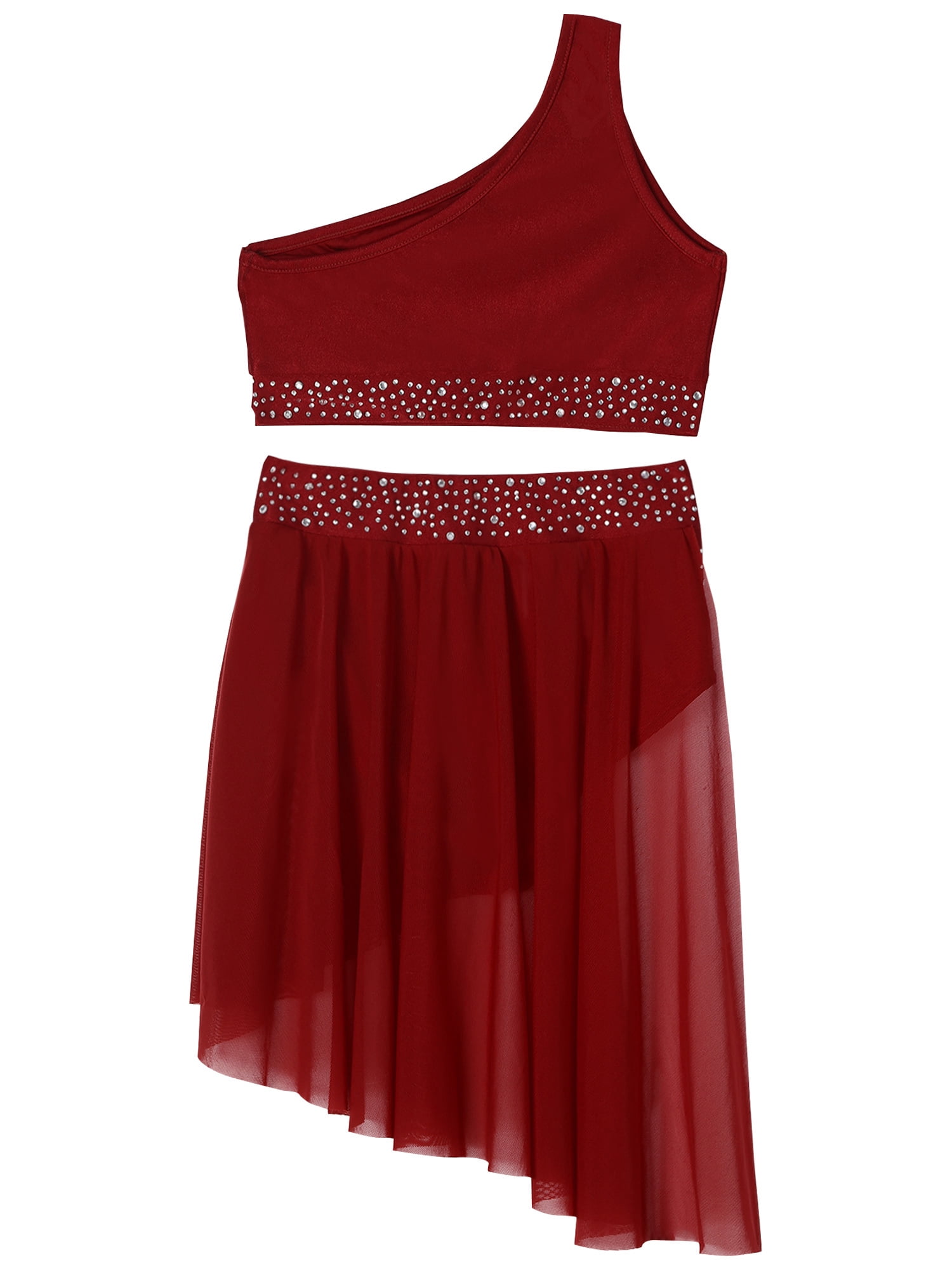 TSSOE Kids Girls 2 Pieces Lyrical Dance Dress Crop Top with Tutu Skirt Ballet Figure Skating Dress Burgundy 6