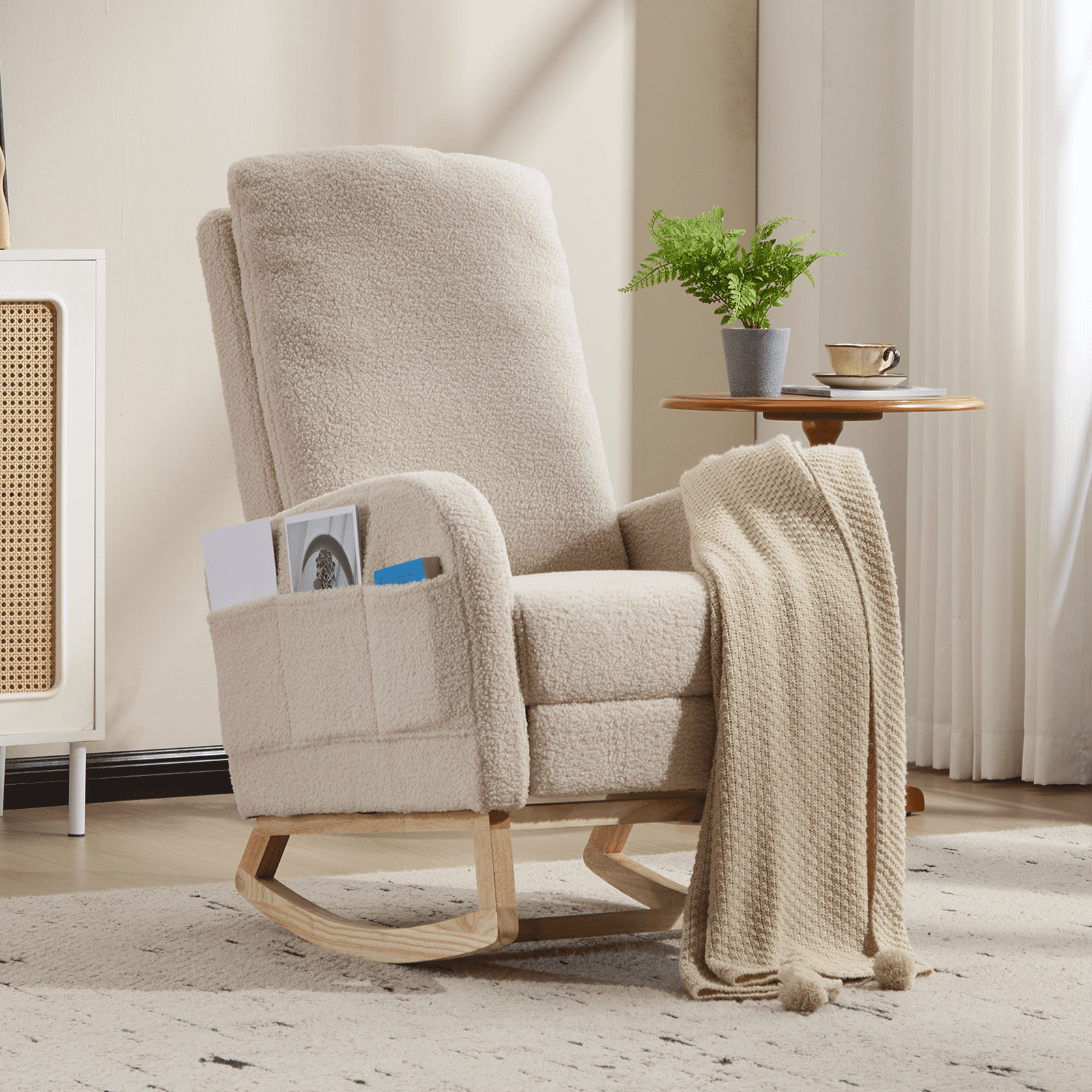 FFZ Modern Accent Rocking Chair Solid Wood Legs Upholstered Nursery Glider Footrest Beige Teddy