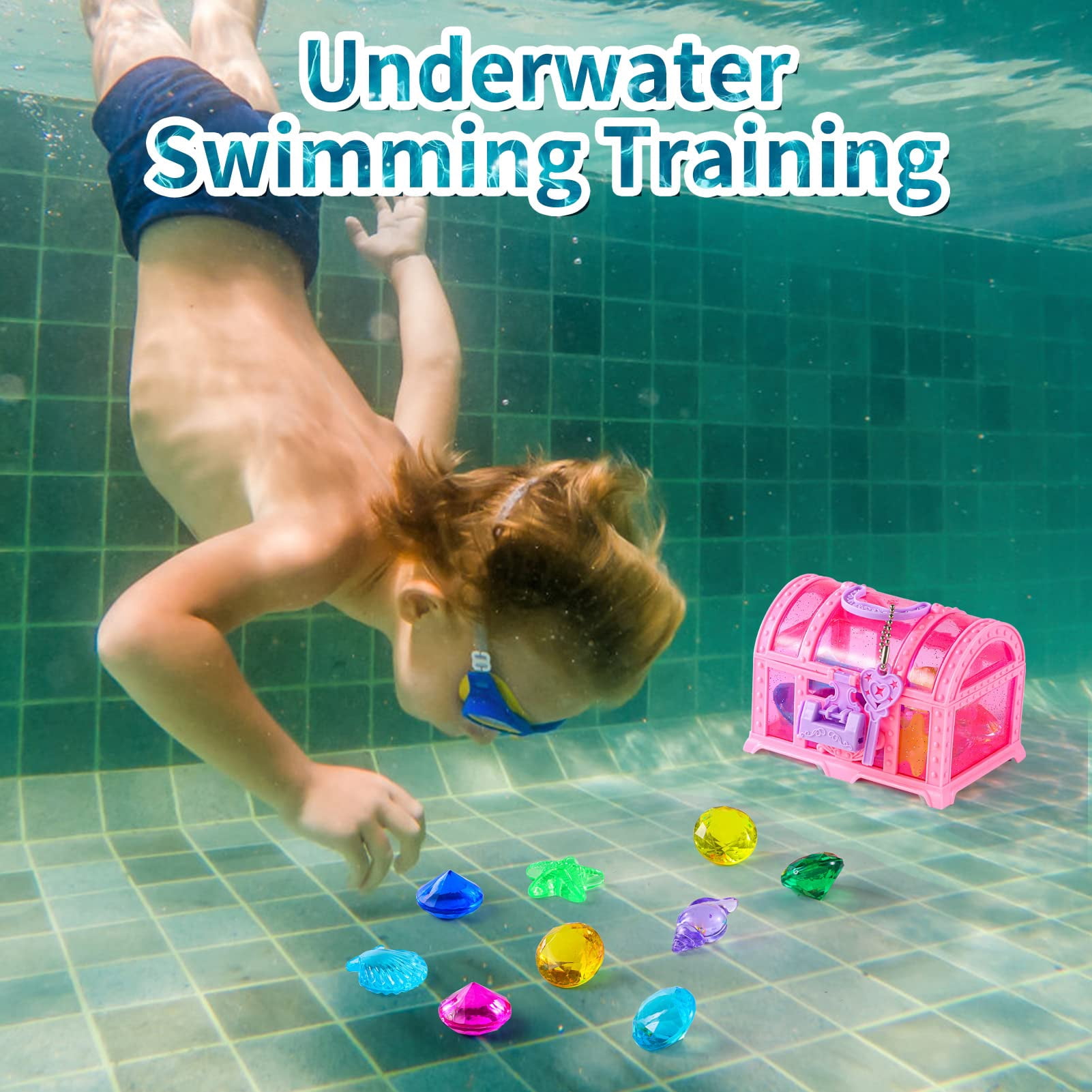 Juego De Buceo Para Niños Con 28 Piezas: Cofre Del Tesoro, 20 Gemas De Colores Y Animales Marinos Brillantes, Ideal Para Piscina Y Playa
