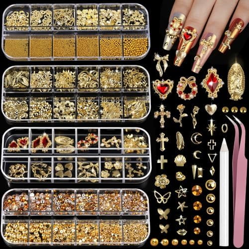 Gold Nail Charms and Gems Set, 4 Boxes Nail Gems Nail Pearls Nail Art Tools, 3D Cross Nail Charms Heart Nail Rhinestones for Nails Supplies, Charms for Nails Design Nail Art Kit