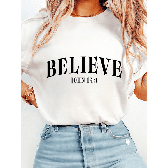 Believe 14:1 Bible Verse Print Tshirts for Women & Men Classic Christian Graphic Tees Short Sleeve Faith Shirts Casual Tops Inspirational Apparel for Daily Outfits White,S