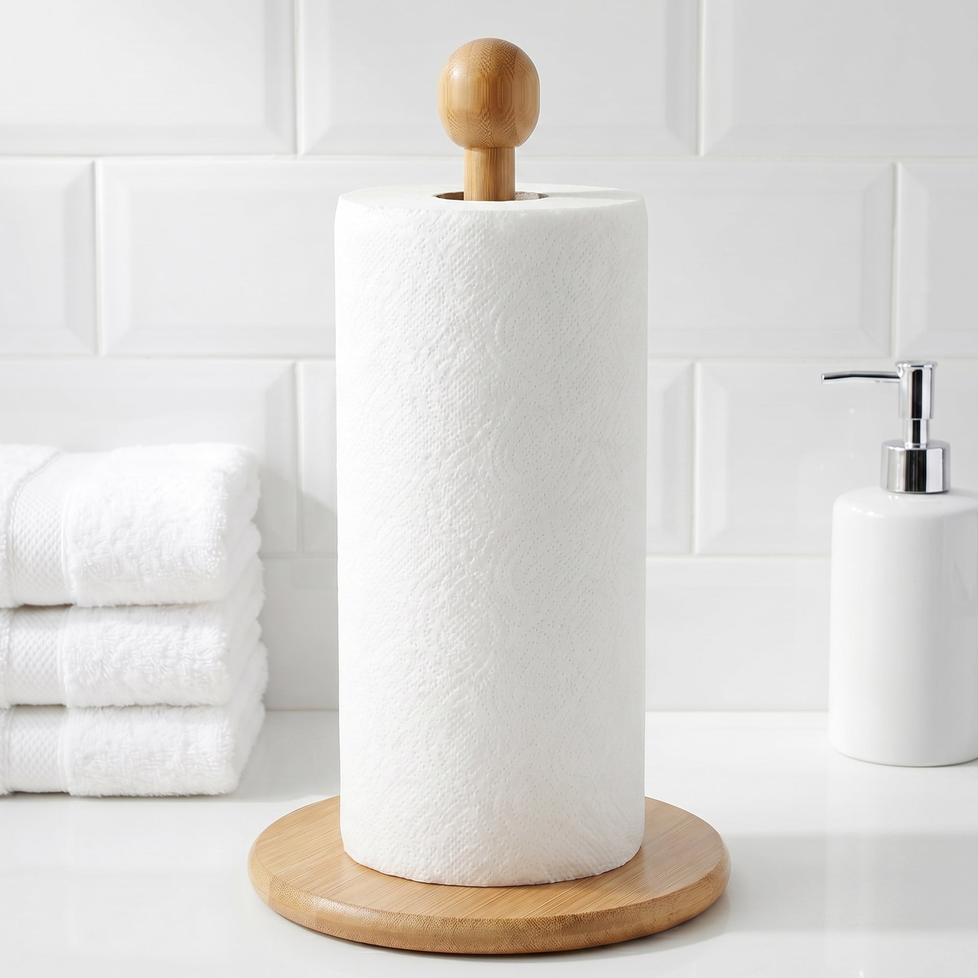 Unique Bargains Paper Towel Holder Countertop Durable Base Wood Natural B 11.6x6.3inch