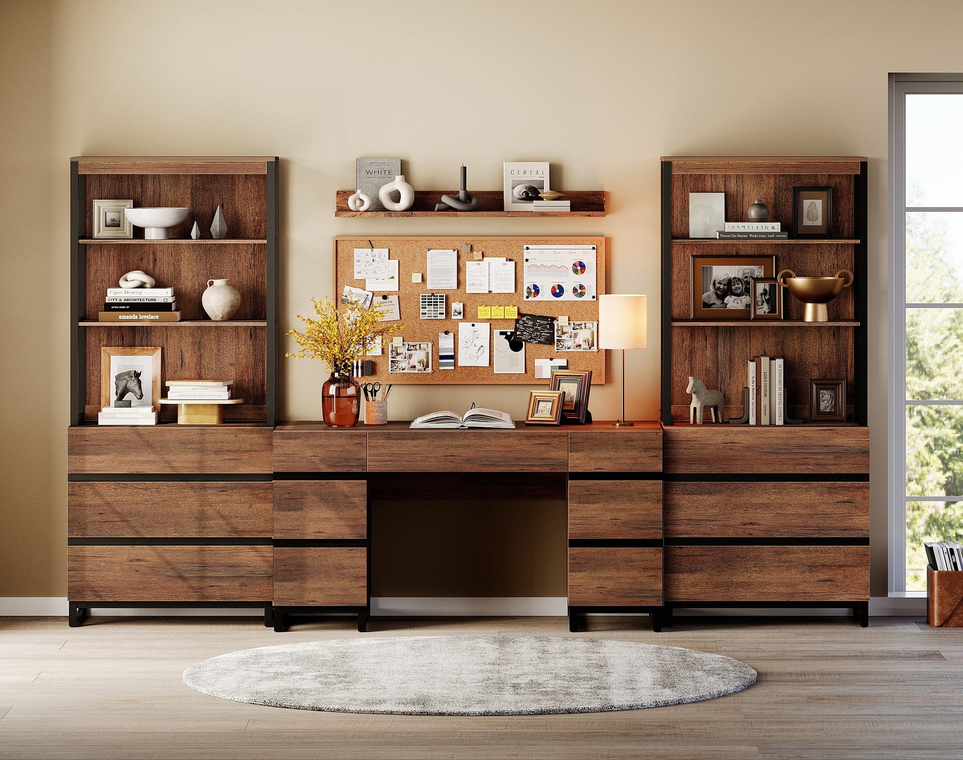 WAMPAT Home Office Furniture Set: 59in Modern Executive Desk with Charging Station and Drawers and 2 PCS 72in Tall Bookcases with 6 Drawers, Home Office Furniture for Living Room, Bedroom, Brown