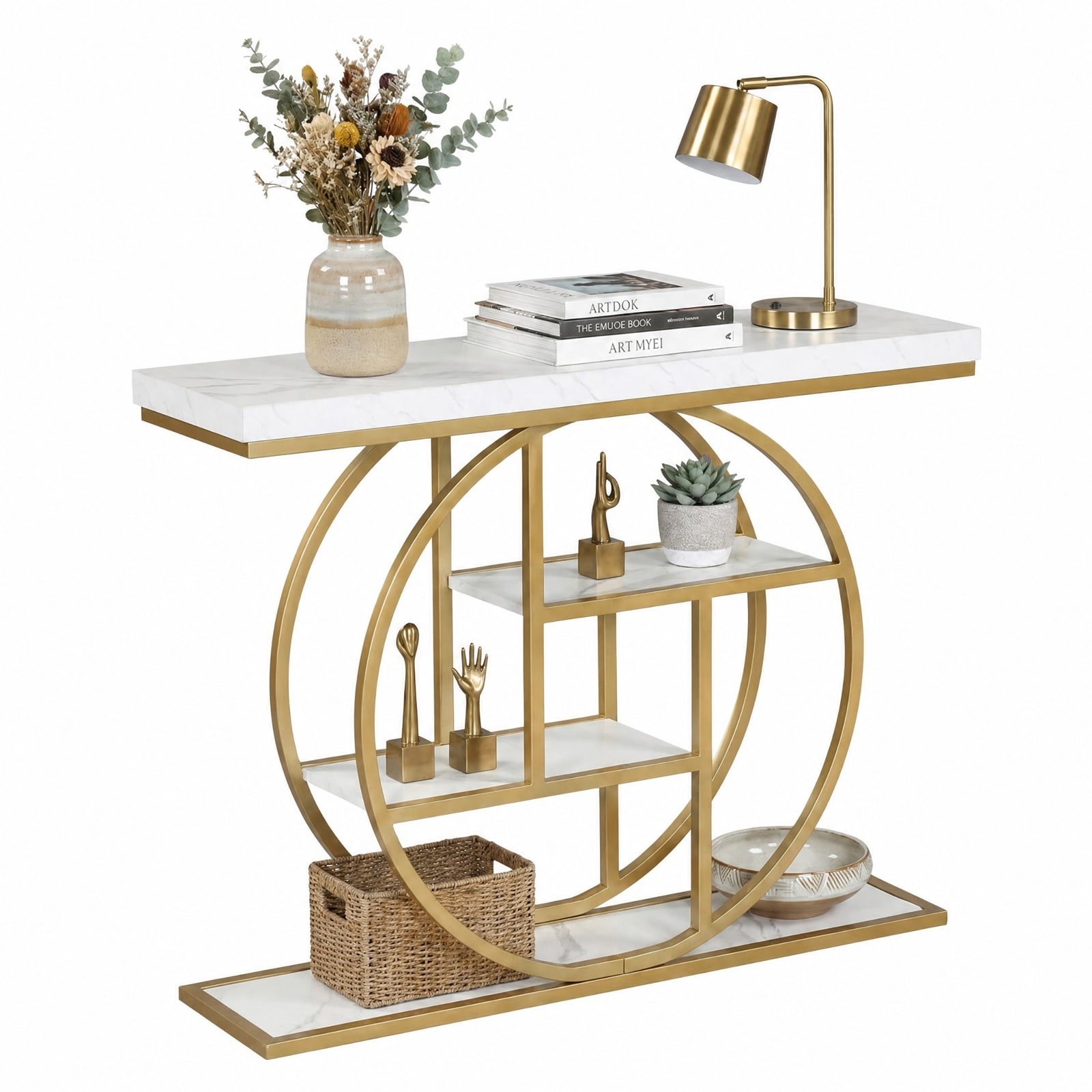 Furnibear 41 Inch 4-Tier Console Table with Storage Shelves and O-Shaped Metal Frame for Entryway Hallway Living Room and Behind Sofa, White