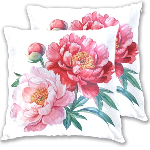 Watercolor Peony Flowers Throw Pillow Covers Pillowcases 16 x 16 Inch Home Decor 2 Packs for Bedroom Sofa