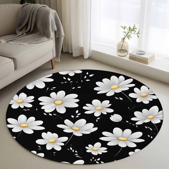 White Daisy Floral Round Area Rug 4 FT, Non Slip Indoor Outdoor Rug, Spring Summer Flowers Black Washable Soft Circular Carpet Non-Shedding Floor Mat for Coffee Table Nursery Foyer Balcony