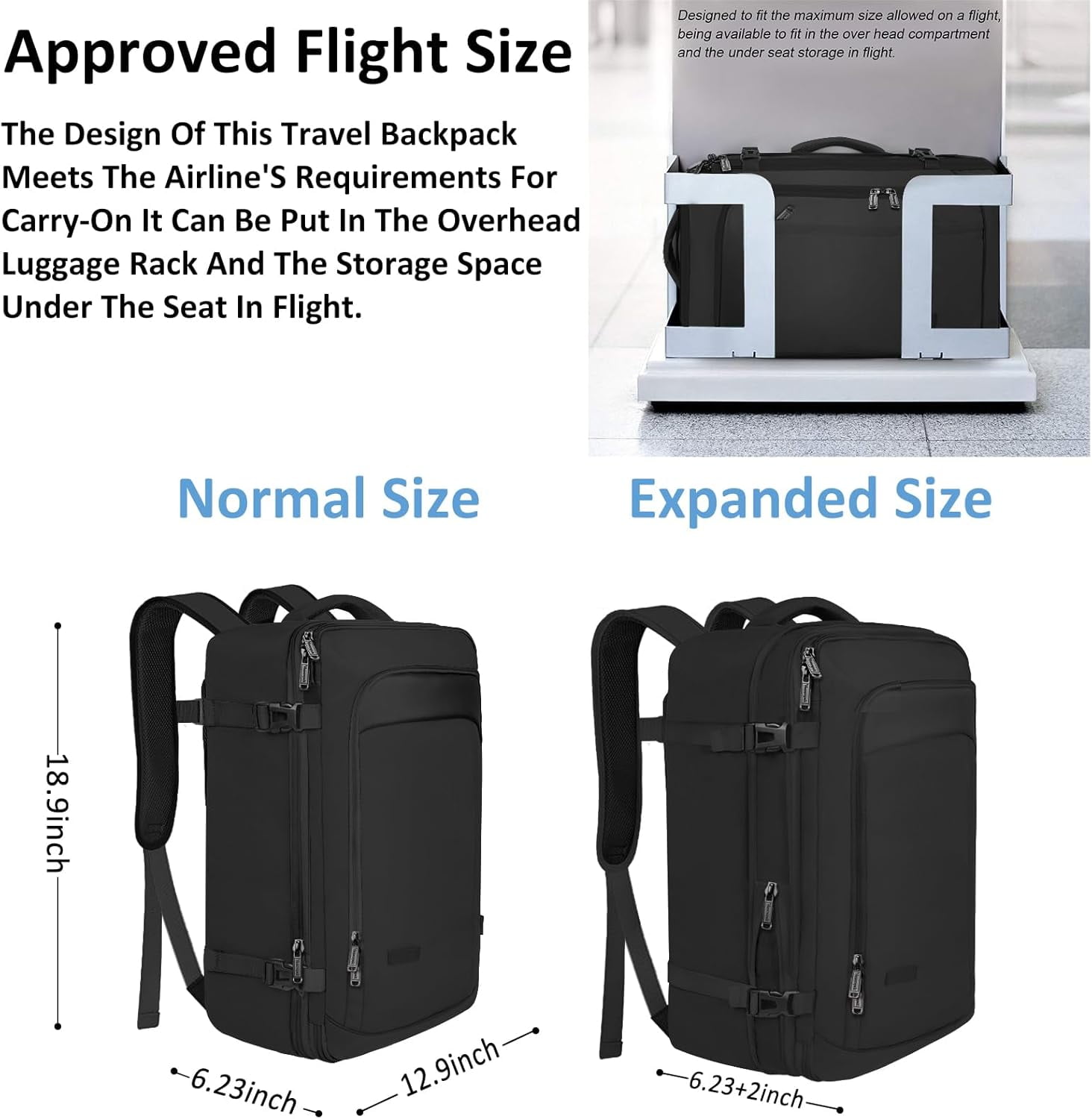 Vancropak Expandable Carry on Backpack for Men Women, 40L Airline Approved Travel Backpacks with 3 Packing Cubes, Black