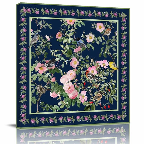 Framed Canvas Wall Art for Living Room Pink Floral Bird Wall Decor, Green Leaves Branches Navy Blue Aesthetic Paintings for Bedroom Office Kitchen, Ready to Hang Artwork Wall Pictures 8x8 Inch