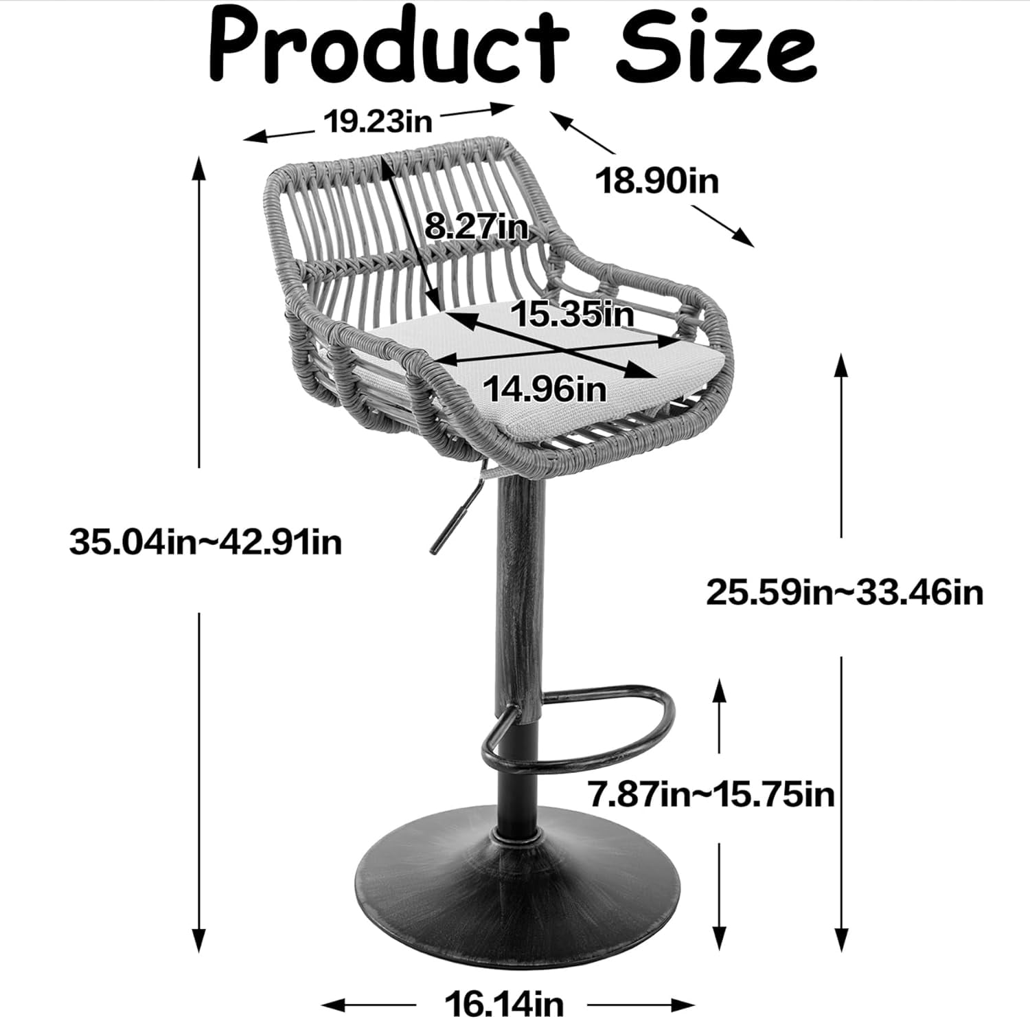 BISHE Adjustable Rattan Bar Stools Set of 2 with Cushion, Boho Bar Stools with Footrest, Wicker Barstools Counter Height with Backs, High Chair for Kitchen Island, Bistros, Metal Base, Orange