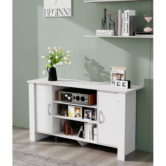 Engineered Wood TV Stand with 2 Doors, Living Room Entertainment Center for TVs Up to 50", White Entertainment Center for Bedroom, Living Room, White