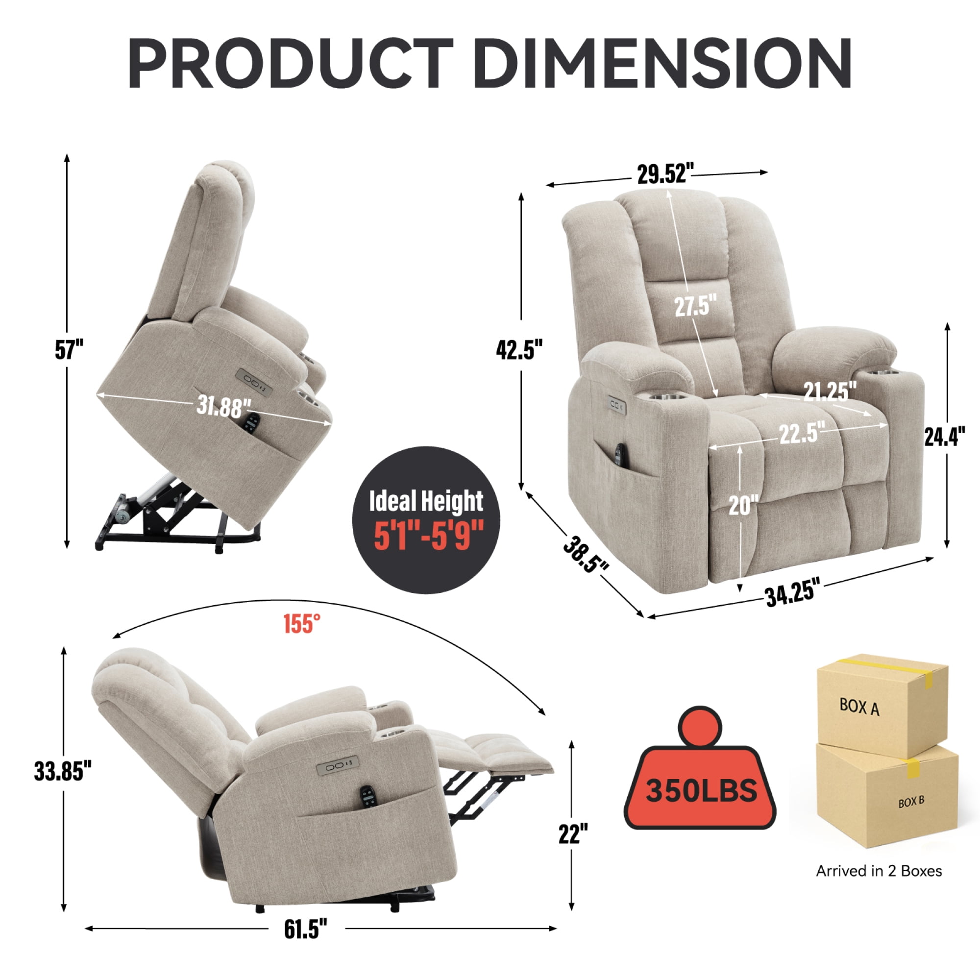 Large Power Lift Recliner Chair with Massage and Heat for Elderly,Chenille Overstuffed Wide Recliners with USB and Type C Ports, 2 Steel Cup Holders,Beige