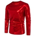 thumbnail image 2 of LNWUY Mens Solid Fashion Shirts Tunic Tops Metallic Shiny Wet Look T-Shirt Patent Leather Hip Hop Nightclub Party Blouse Red L, 2 of 8