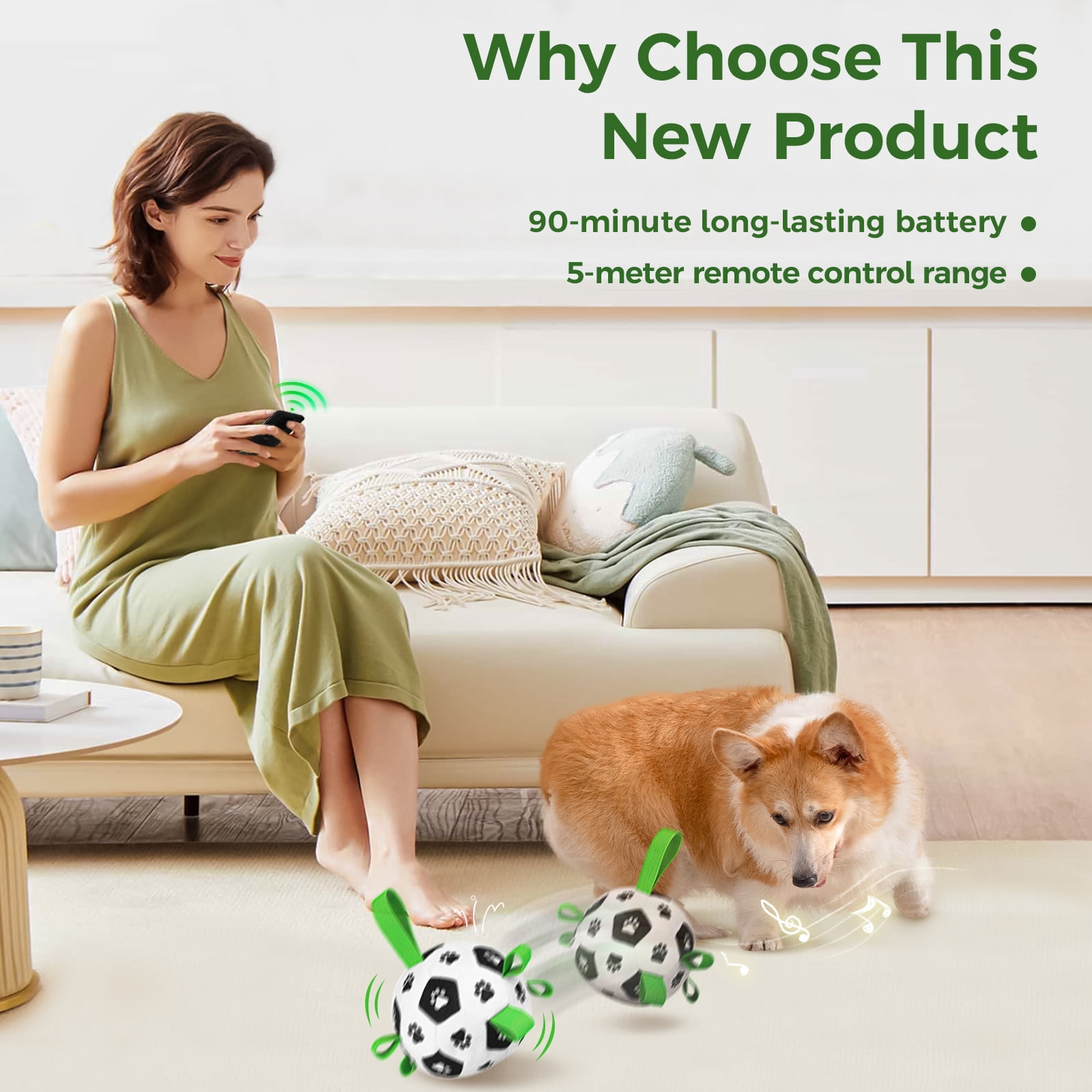 QDAN Smart Interactive Rechargeable Soccer Ball Dog Toy with Straps Remote Control & Music Mode for Small to Medium Dogs