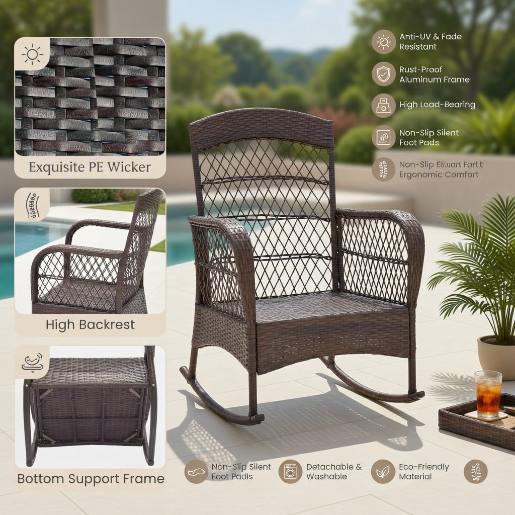 Hommoo 3-Piece Rocking Bistro Set with 2-Tier Tempered Glass Coffee Table, PE Rattan Outdoor Chairs, Red