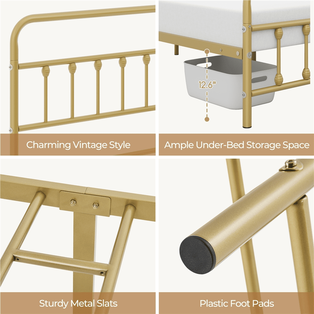 Alden Design Twin Size Metal Platform Bed Frame with High Headboard and Footboard for Adult, Antique Gold