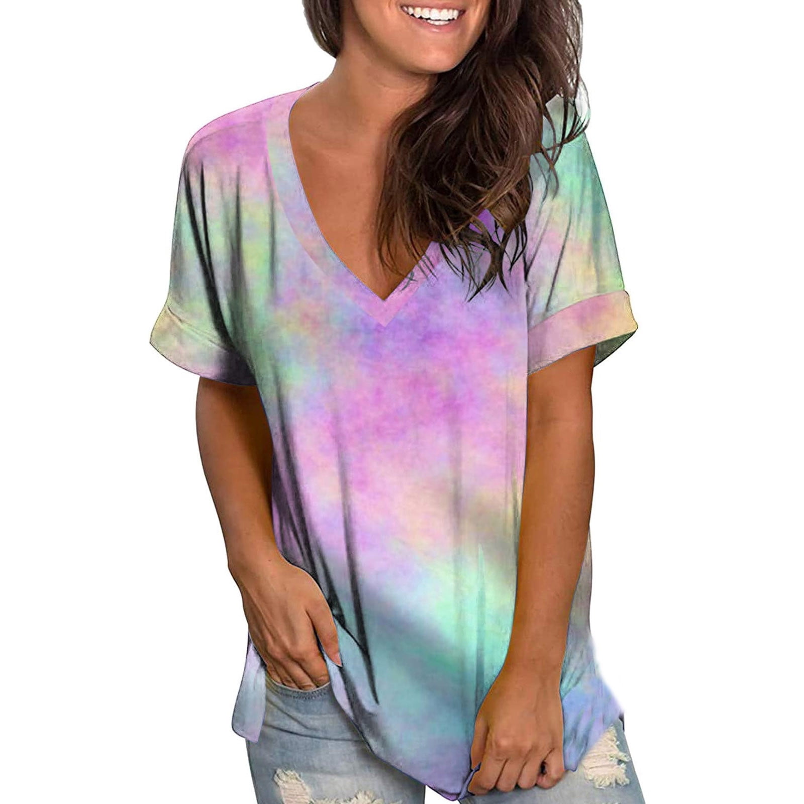 Womens Casual Tie dye V Neck Short 