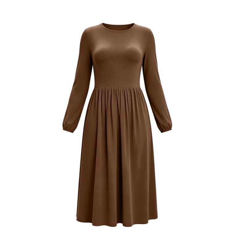 fall dresses a line Jovrlynd for Women Long Sleeve Crewneck Stretch Flowy Pleated Midi Dress with Pockets, S-2XL Color:Navy/Gunmetal Print*