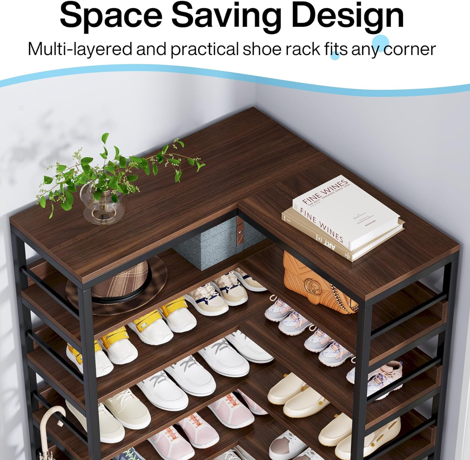 9 Tiers Corner Shoe Rack, Tall Shoe Rack Organizer, Large Shoe Storage Shelf for Entryway Hallway Closet, Rustic Brown
