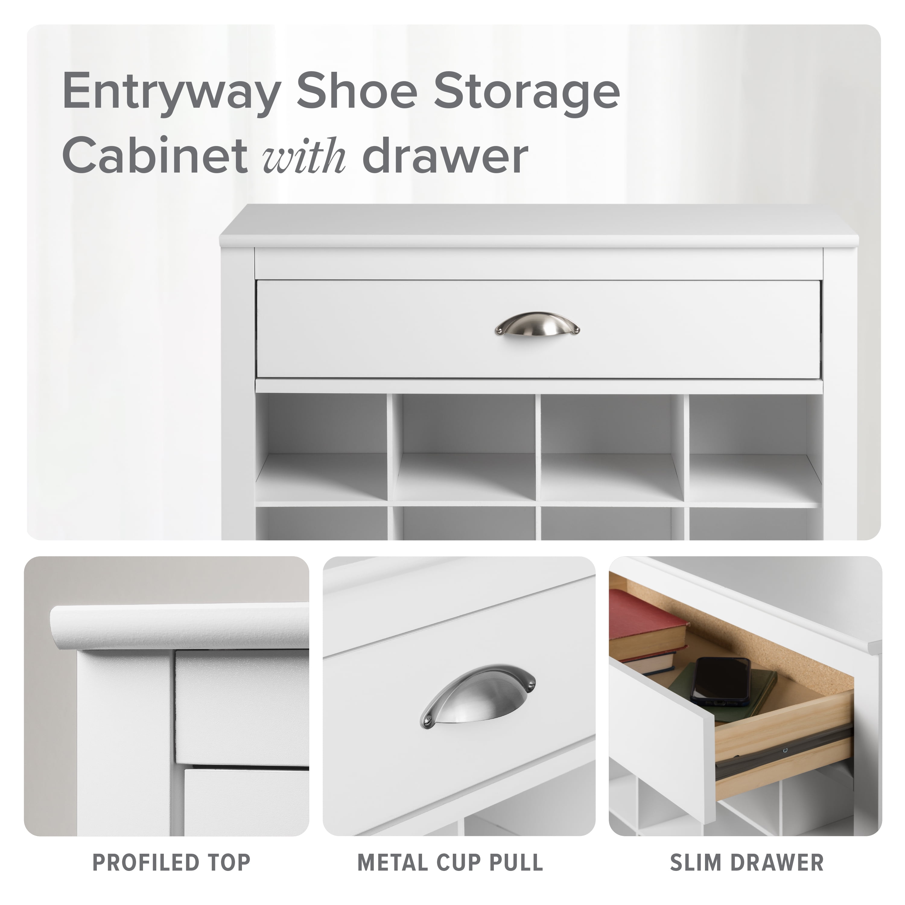 Prepac Entryway Shoe Storage Cabinet with 16 Cubbies and a Slim Top Drawer, White