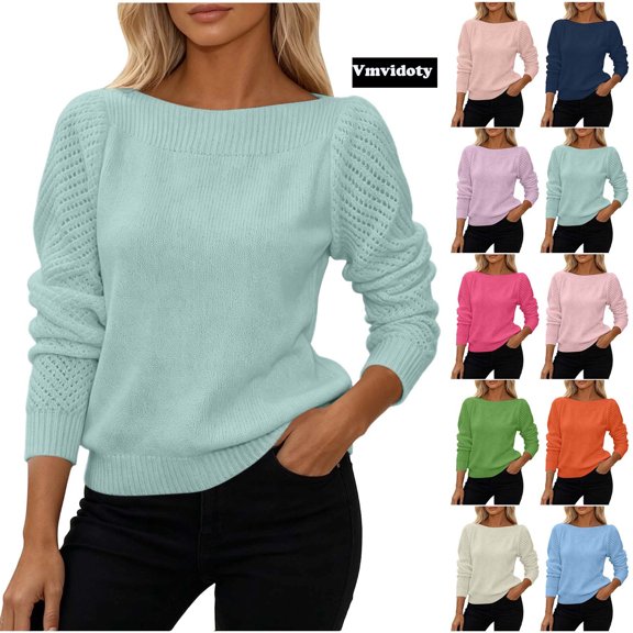 Sweaters for Women Casual Crew Neck Long Sleeve Pullover Winter Lightweight Crochet Hollow Out Knit Jumper Mint Green L