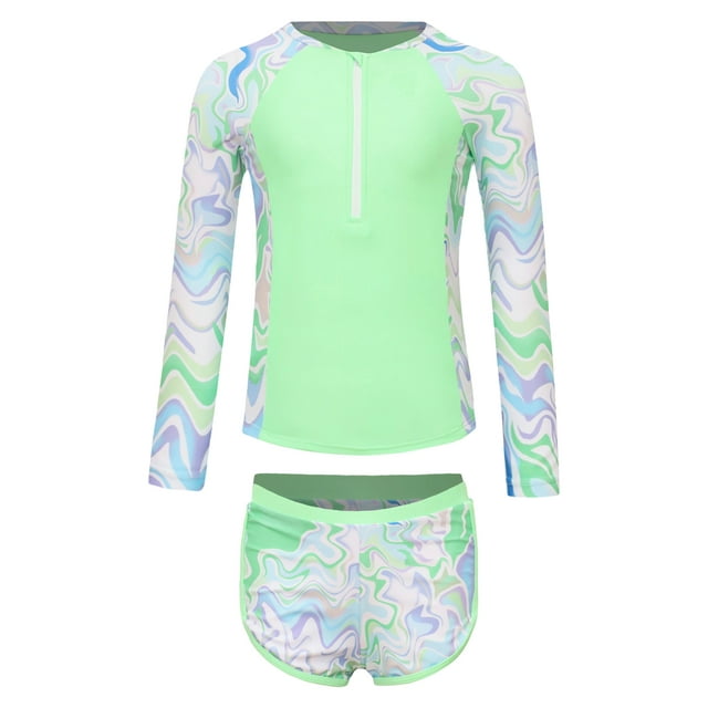 Sinleey Kids Girls Floral 2 Pcs Rash Guard Sets Zip Neck Swim Shirts With Shorts Swimsuits Fluorescent Green 9Y