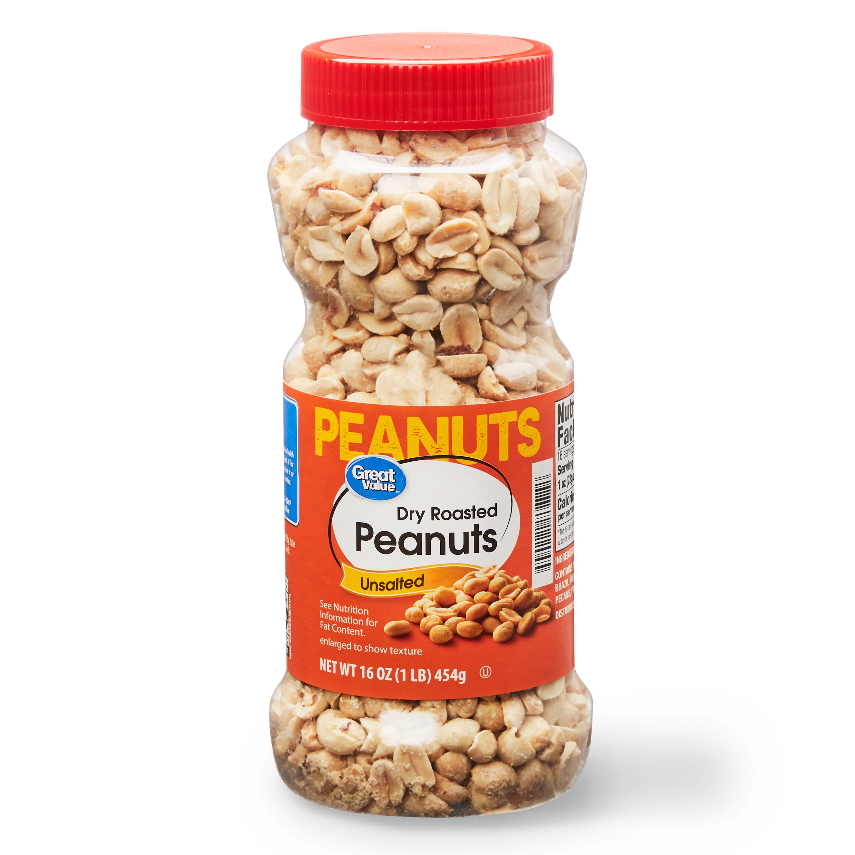 Great Value Dry Roasted and Unsalted Peanuts, 16 oz, Jar