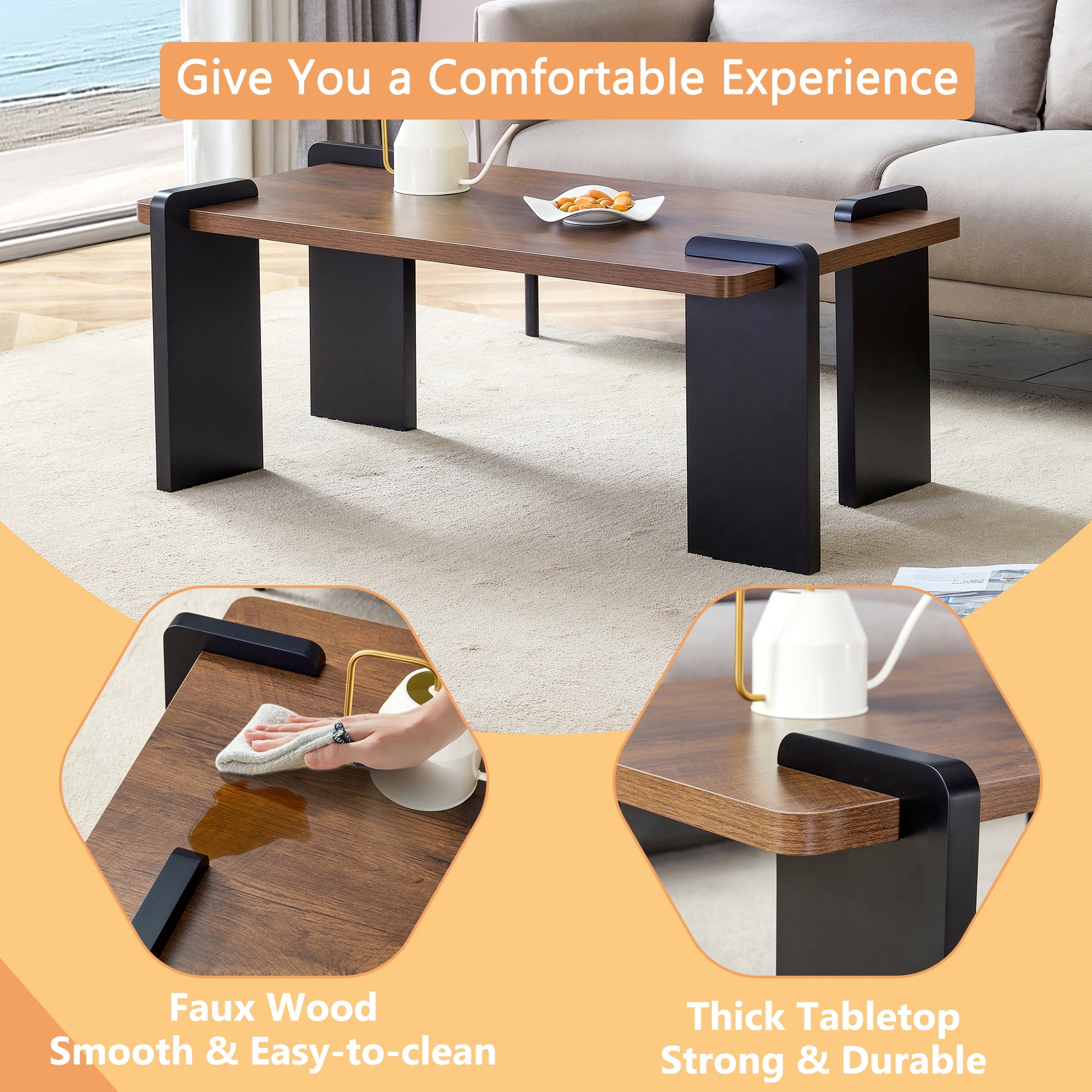 TesNus 39" Walnut Coffee Table, Modern MDF Rectangle Center Table with Black Solid Legs for Living Room Small Space