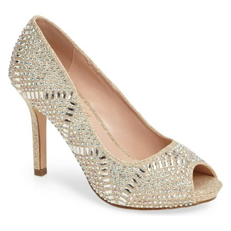 - Lauren Lorraine Paula-4 Rhinestone Embroidered Open Toe Formal Sparkle Nude Pump (7.5)