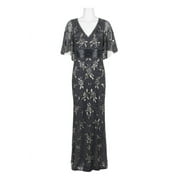 Adrianna Papell V-Neck 3/4 Sleeve Beaded Zipper Back Mesh Dress-GUNMETAL