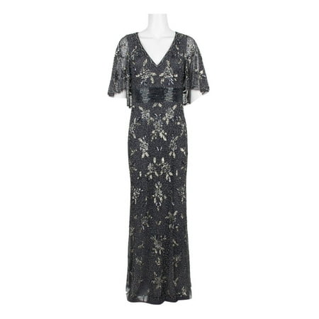 Adrianna Papell V-Neck 3/4 Sleeve Beaded Zipper Back Mesh Dress-GUNMETAL