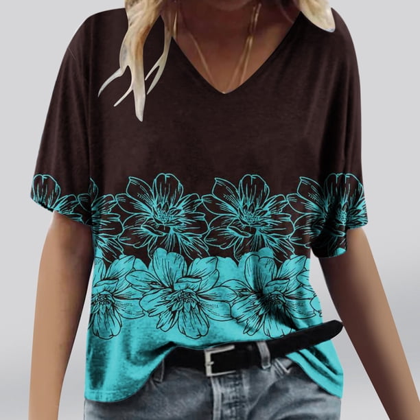 Fiudx Camisas para Mujer Camisetas Holgadas de Manga Corta con Cuello En V Informales con Estampado de Moda para Mujer