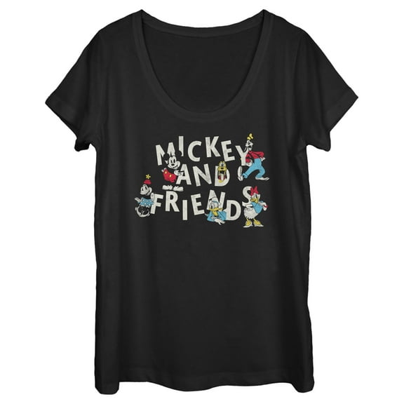 Women's Mickey & Friends Distressed Retro Characters  Scoop Neck Black 2X Large