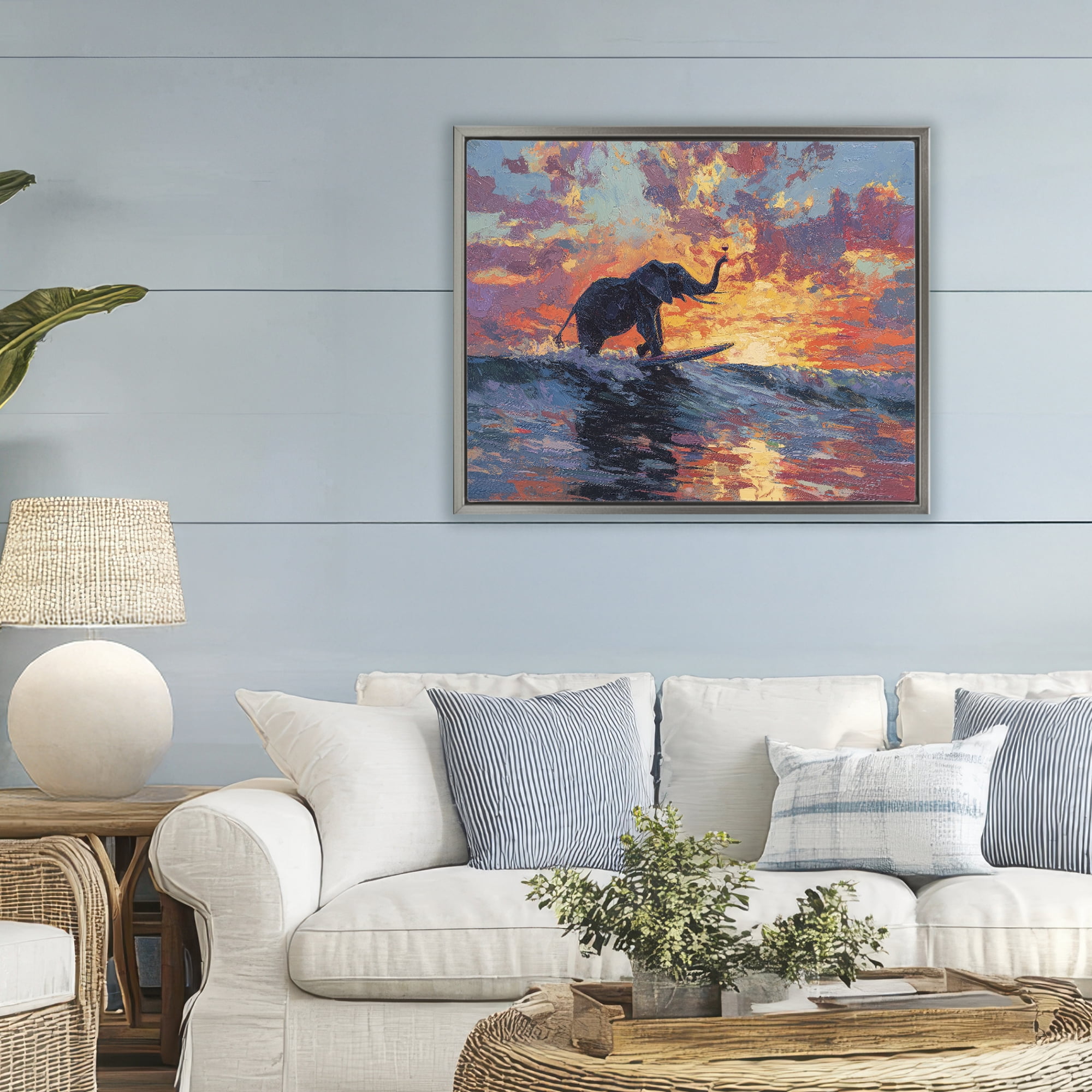 Sunset Surf Elephant Gray Framed Floater Canvas Wall Art, design by Ziwei Li