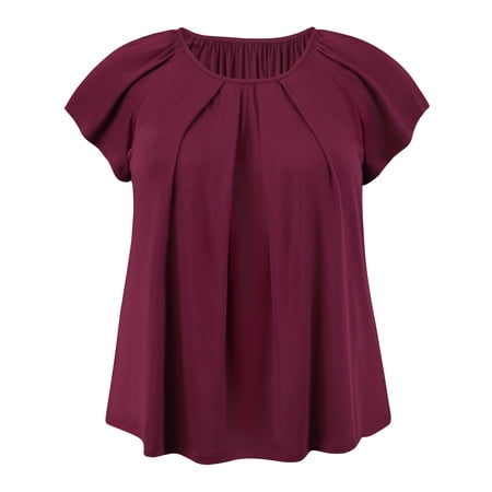 Women's Plus Summer Blouse Pleated Ruffle Sleeve Round Neck Loose Tops 4X Purple