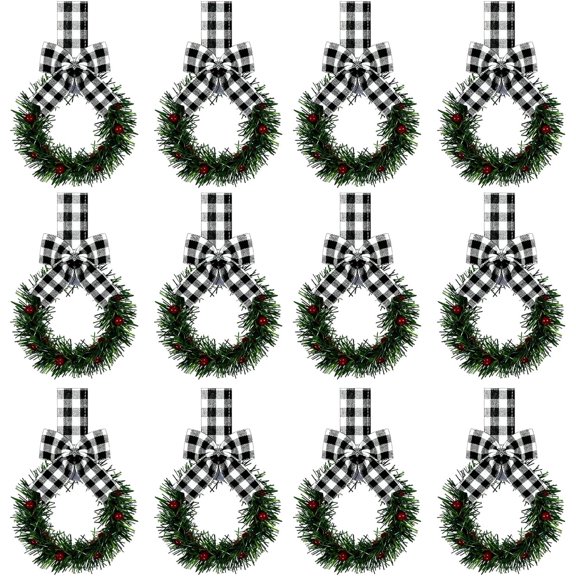 12 PC Christmas Kitchen Cabinet Wreaths with Black Ribbon Bow, 5.12” Mini Christmas Wreath Small Kitchen Xmas Decor for Window Door