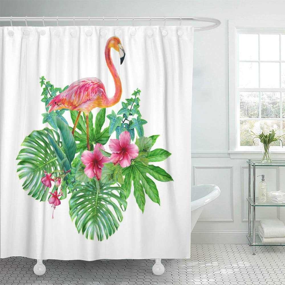 71" Bird Tropical Flamingo Shower Curtain Liner & Hooks Palm Leaves Bathroom Mat 