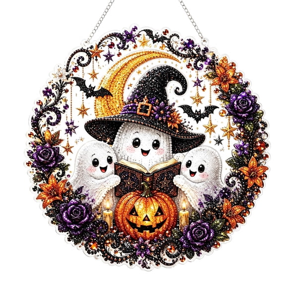 Halloween Ghost Pearl Art DIY Kit, Ghost Diamond Art Craft Kit with Crystal Pearl Beads, 3D Pearl Mosaic Craft Set, Beginner Friendly Handmade Canvas Art for Fall Home Decor(X-A)
