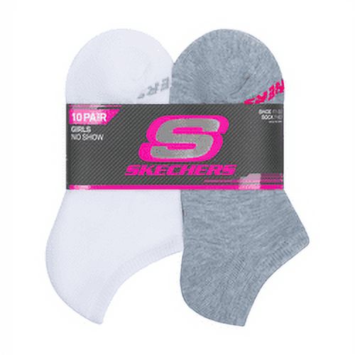 Skechers Kids Girls' 10 Pack 1/2 Terry No Show Socks, White/Grey, 7-8.5