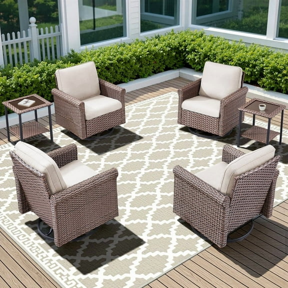 PARKWELL 6PCS Patio Conversation Set - Swivel Glider Chairs Set of 4 with Side Table,Outdoor Swivel Rocking Lounge Chair with No-Slip Cushions for Porch Balcony Backyard,Brown/Beige